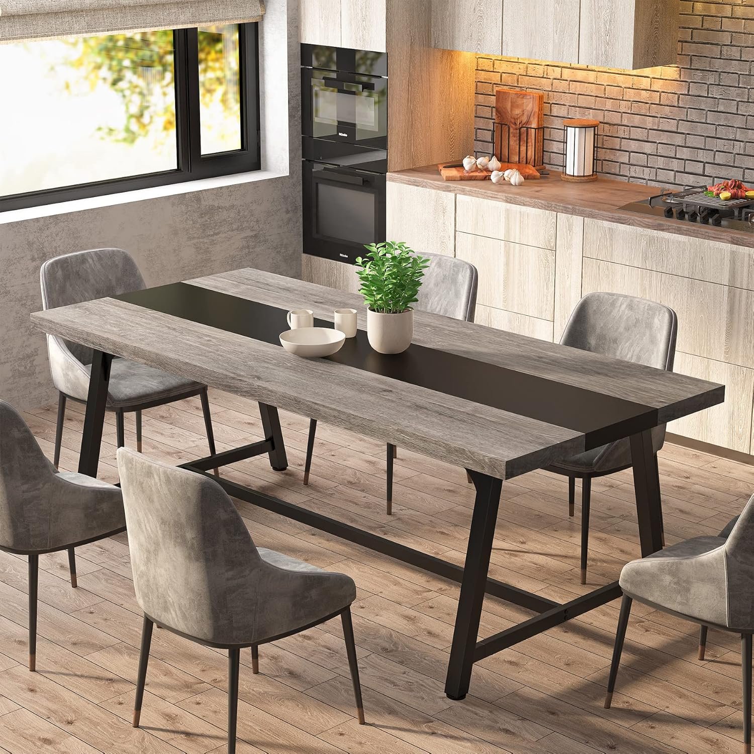 Dining Table for 8 People, 70.87-inch Rectangular Wood Kitchen Table with Strong Metal Frame, Industrial Large Long Dining Room Table for Big Family (Gray, No Chair) - Image 2