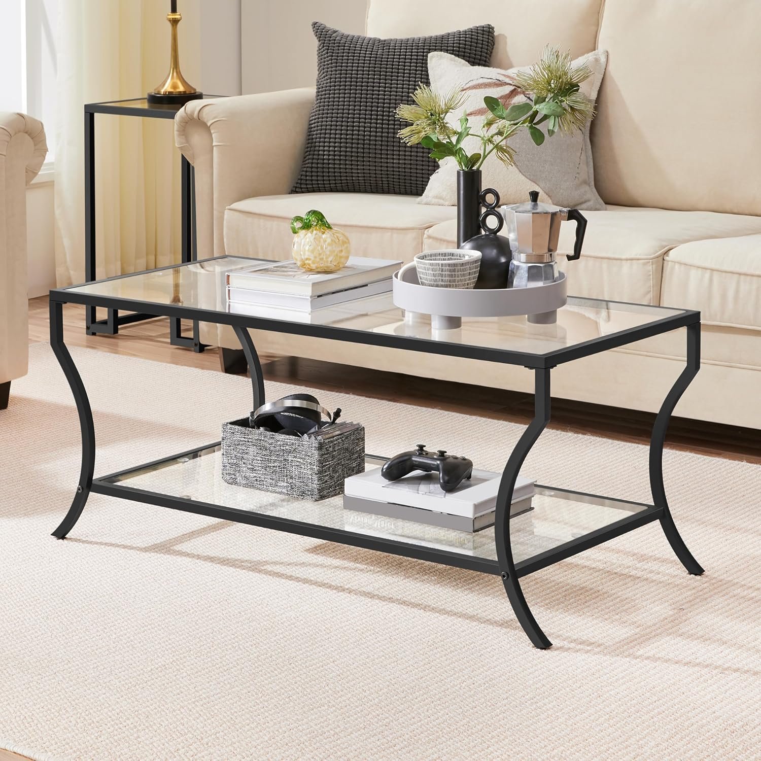 Glass Coffee Table, 2 Tier Black Coffee Table with Storage Shelf, Modern Rectangle Center Table with Glass-Top for Living Room, Home, Office - Image 2