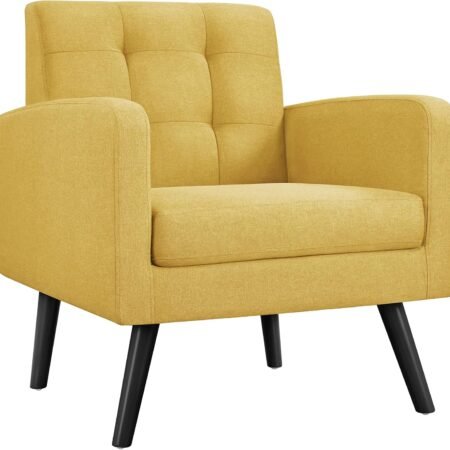 Mid-Century Accent Chairs, Modern Upholstered Living Room Chair, Cozy Armchair Button Tufted Back and Wood Legs for Bedroom/Office/Cafe, Yellow