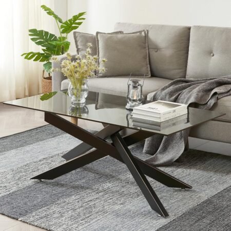 Rectangle Modern Coffee Table, Gray Tempered Glass Table Top and Black Metal Tubular Legs 47.3”Lx23.6”Wx18.1”H Black